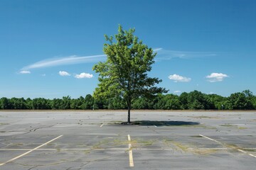 Empty Parking Lot on a Summertime Day Under Blue Sky with Green Trees