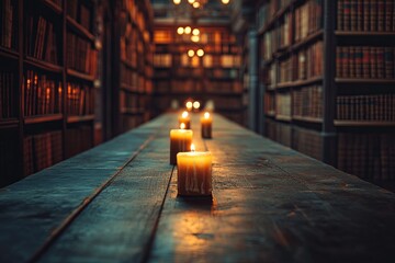 A row of candles are lit on a wooden table in a library