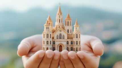 Canvas Print - A person holding a miniature castle in their hands, AI