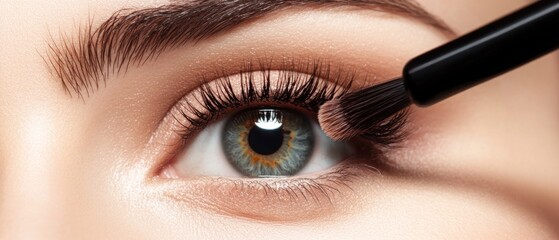 Wall Mural - close-up of a woman's eye with a makeup brush applying eyeshadow