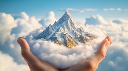 A person's hands holding a mountain in the clouds, AI