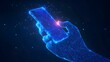 © Jing - technology in electronics, digital blue low poly hand holding a smartphone with glowing data streams, ai in mobile applications, virtual assistants, communication platforms ,connectivity