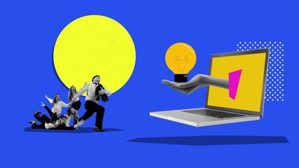 Wall Mural - man running towards a lightbulb within a laptop, while people are falling down behind him. stop moti