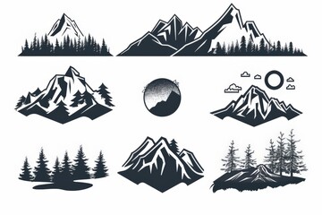 Wall Mural - Set of Vintage mountain emblem logo design with outdoor nature line art icon vector illustration on white background