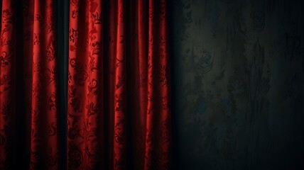 Poster - Luxurious red curtains with an intricate floral pattern, partially drawn to reveal a dark room with subtle floral wallpaper, creating an atmosphere of elegance and mystery