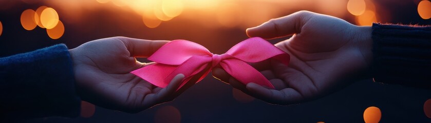 Two hands exchanging a vibrant pink ribbon against a warm, glowing background, symbolizing love and connection.