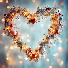 Wall Mural - A heart-shaped wreath with lights and ornaments hanging from it