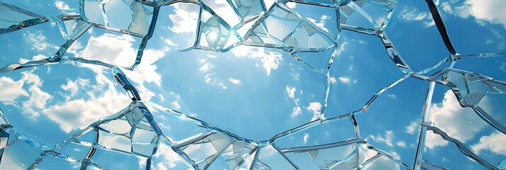 Canvas Print - Broken glass window reflecting the blue sky