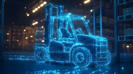 digital blue forklift truck with glowing data streams symbolizes the optimization of artificial intelligence in warehouse management and inventory control