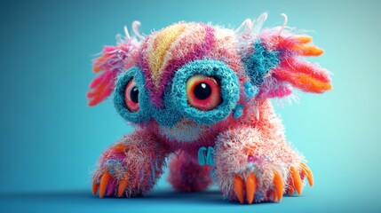 Cute colorful fuzzy monster toy with big eyes on a blue background, vibrant and playful design perfect for children and collectors.