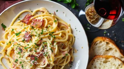 Envision a classic Italian dinner with a plate of spaghetti carbonara, a side of garlic bread, and a glass of red wine.