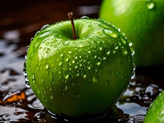 Wall Mural - Close-up advertisement macro photography of a single fresh ripe juicy green apple covered in clean water dew drops. Beautiful healthy food nutrition photo illustration.