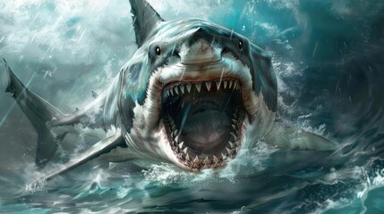 Wall Mural - A shark is shown with its mouth wide open, showing its teeth