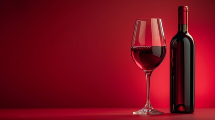 Bottle and glass of red wine on a red background Copy space : Generative AI