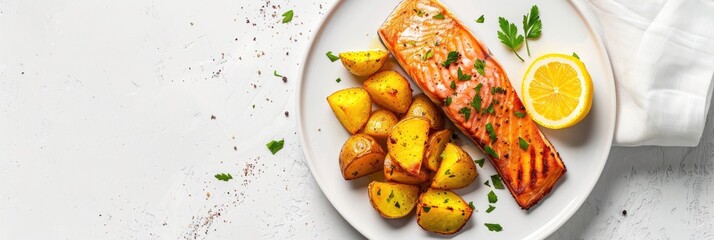 Sticker - Baked salmon fillet with roasted potatoes on a white plate, top view, flat lay, empty space for text.