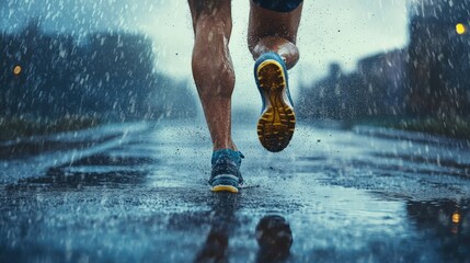 a runner pushes through heavy rain, determined to maintain pace along a wet urban road, showcasing t