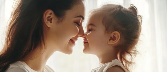 Close-up of a mother and daughter touching noses, smiling