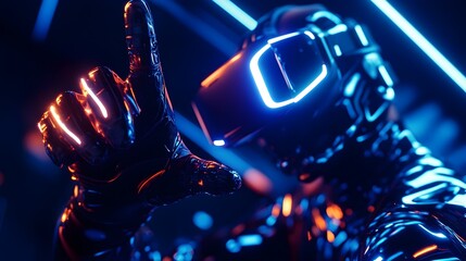 Poster - Cutting Edge VR Gear Close Up Advanced High Tech Neon Lit Virtual Reality Equipment Showcasing Futuristic Gloves Headset and Bodysuit for Immersive Digital Experiences
