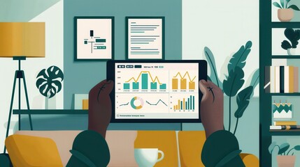 Aufkleber - The individual studies financial trends on their tablet, surrounded by a warm, inviting living room atmosphere. Generative AI