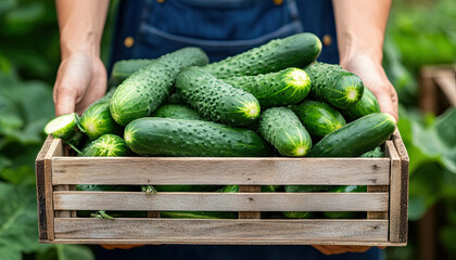 Wall Mural - farmer holding a wooden crate full of cucumbers, surrounded by green foliage