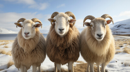 Three sheep stand in a snowy field