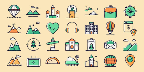 Wall Mural - Travel and Tourism icon set with editable stroke. Travel and vacation thin line icon collection. Vector illustration.