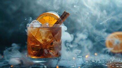 Poster - Smoked old fashioned rum cocktail or whiskey with ice and cinnamon stick  on old black rocks with slice of orange Copy space Dark background with smoke : Generative AI