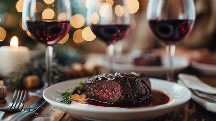 Poster - table setting with plate of beef with glasses of red wine : Generative AI
