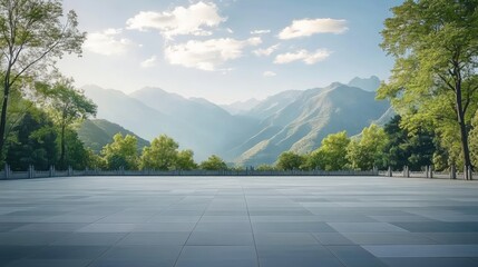 Generative AI's artistic interpretation of an empty square floor in a city park with a mountainous backdrop.