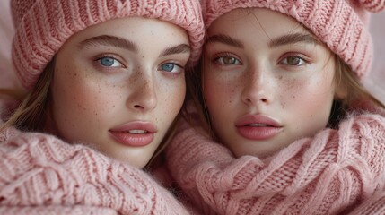 Young women with freckled faces wearing matching pink knit hats and scarves, with a soft focus background, sharing a close-up moment indoors