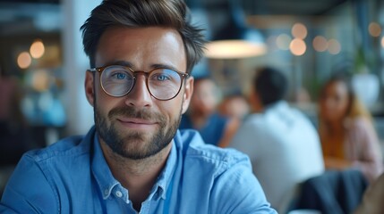 Poster - Business man portrait and smartphone in office with team in background for corporate work and collaboration Male professional mobile or tech with colleagues meeting behind for new job  : Generative AI