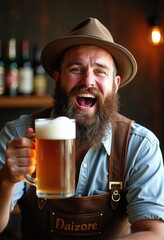 Wall Mural - A cheerful bartender proudly holds up a frothy mug of beer, showcasing the joy and hospitality of a vibrant bar atmosphere.