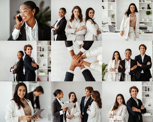 Aufkleber - A diverse group of professionals is shown engaging in various collaborative activities in a modern office setting. Individuals are seen on the phone, smiling, discussing ideas, and working together