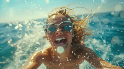 Sticker - Happy friends diving from sailing boat into the sea  Travel and summer vacation concept  Soft focus on blond girl face : Generative AI