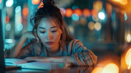 Aufkleber - Laptop tired and woman in office reading and copywriting in night hand and burnout for deadline Computer editing and employee working late professional and fatigue with brain fog and p : Generative AI