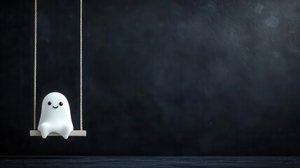 Cute ghost sitting on a plain swing, dark background with soft moonlight, minimalist Halloween theme, Minimal Halloween, Ghost enjoying a simple moment