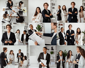Aufkleber - A diverse group of professionals is actively collaborating in a contemporary office space, sharing ideas and documents. They engage in discussions, planning strategies, and enhancing teamwork