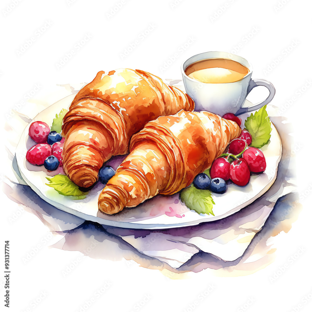 Watercolor Croissant with fruits breakfast clipart on e isolated ...