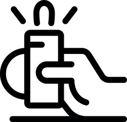 Poster - Line art vector icon of a hand holding a smartphone with light flashing from the screen