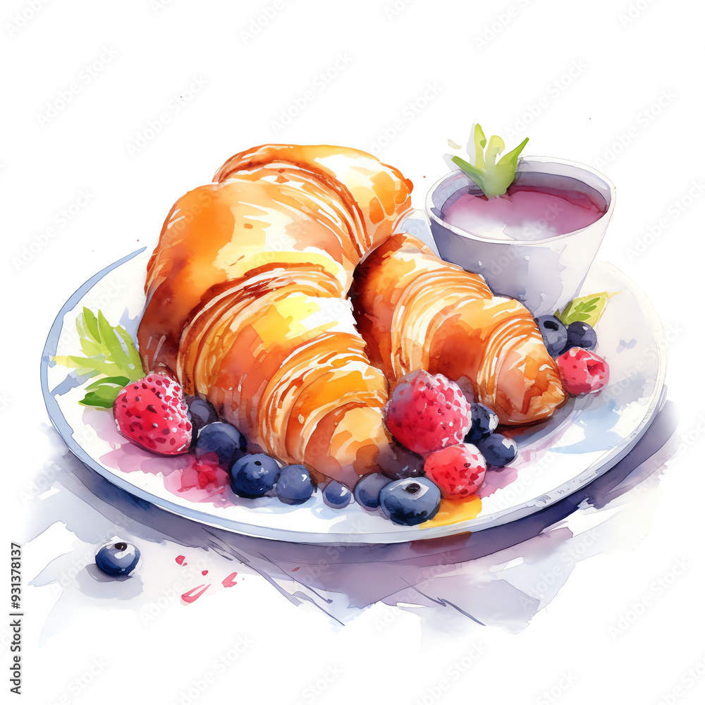 Watercolor Croissant with fruits breakfast clipart on e isolated ...