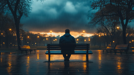 A man sits on a bench in the rain, looking out at the city. The scene is quiet and peaceful, with the man alone on the bench. The rain creates a calming atmosphere