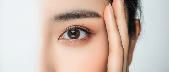 Wall Mural - Close-up of a woman's eye with long lashes and a finger touching her forehead