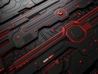 Fototapete - Abstract close-up of a futuristic circuit board design with red and black elements in a digital environment