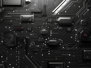 Fototapete - Abstract black circuit board design with intricate patterns and various components
