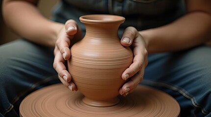 Artisan Crafting Clay Pottery: Skilled Hands Shaping Ceramic Vase on Potter's Wheel in Traditional Workshop