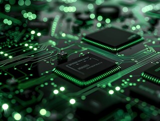 Fototapete - Close-up of a circuit board with glowing green components and intricate wiring at night
