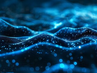 Poster - Dynamic blue waves with glowing particles illuminated in a dark environment