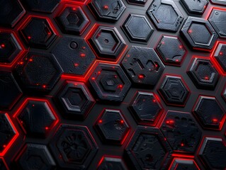 Poster - Abstract black and red hexagonal pattern with glowing details in a dark setting