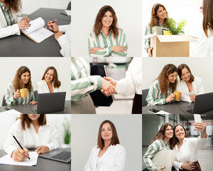 Aufkleber - A lively office environment showcases various professional activities, including teamwork discussions, personal interactions, and individual focus. Employees are seen collaborating on projects