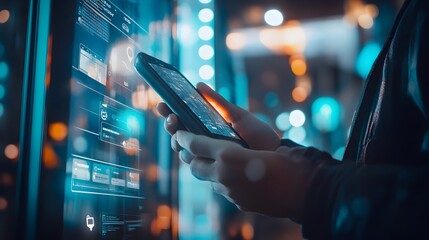 Poster - Person Using Digital Wallet in Smart City Depicting Future of Urban Finance